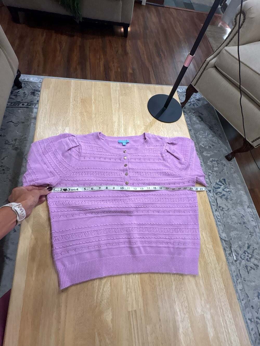 Draper James RSVP Purple Short Sleeve Button Front Pointelle Knit Sweater XL - Picture 4 of 6